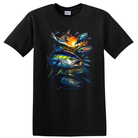 Vibrant Tuna Fishing Boat Fish Art T Shirt for Anglers and Ocean Lovers - Black