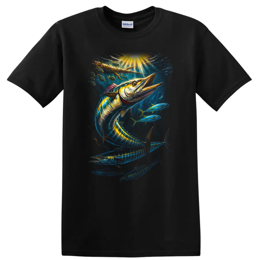 Colorful Barracuda Fish Art T Shirt Deep Sea Ocean Fishing Design - Black