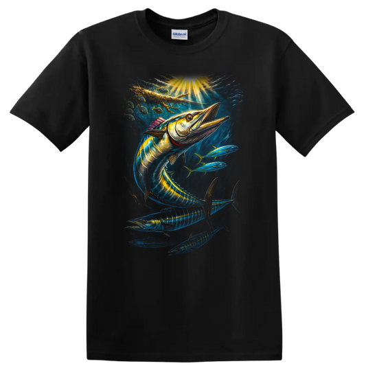 Colorful Barracuda Fish Art T Shirt Deep Sea Ocean Fishing Design - Black