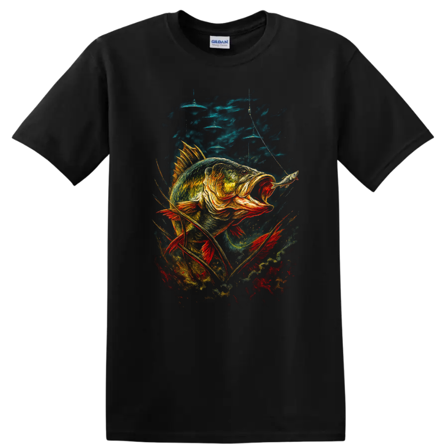Colorful Bass Fish Angler Art T Shirt for Fishing Lovers - Black