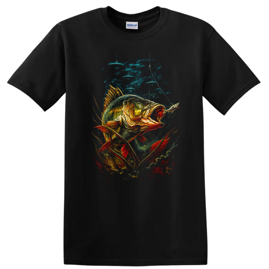 Colorful Bass Fish Angler Art T Shirt for Fishing Lovers - Black