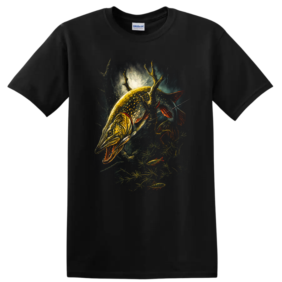 Glowing Pike Fish Hunting Art T Shirt for Anglers and Outdoorsmen - Black