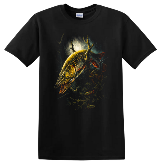 Glowing Pike Fish Hunting Art T Shirt for Anglers and Outdoorsmen - Black