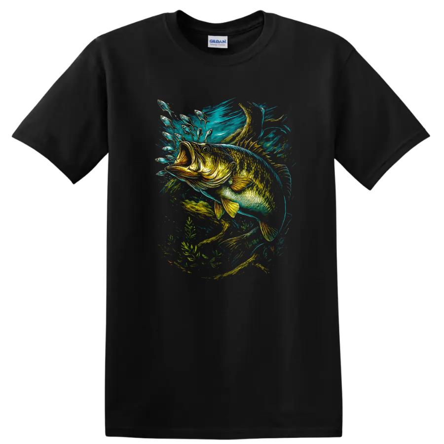 Colorful Fish Splash Art T Shirt, Vibrant Aquatic Bass Graphic - Black