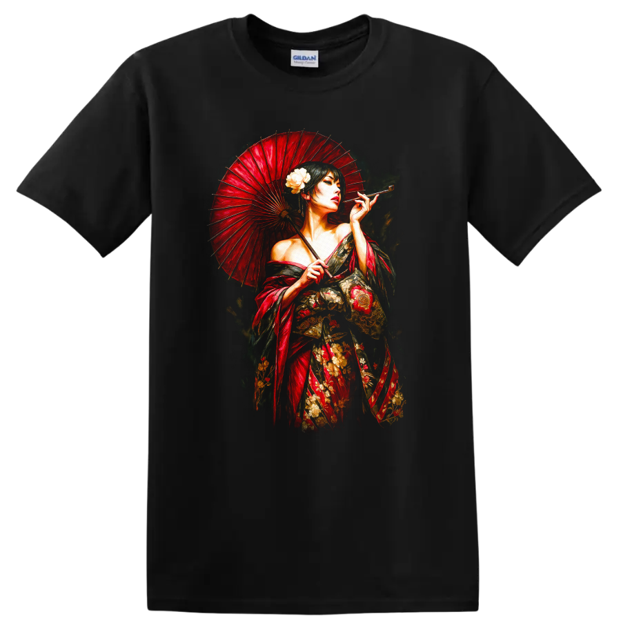 Japanese Geisha with Red Umbrella T Shirt Elegant Floral Art - Black