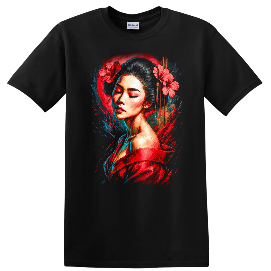 Japanese Style Painted Woman T Shirt with Red Flowers and Blue Brush Art - Black