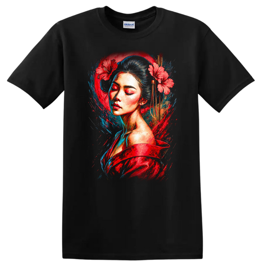 Japanese Style Painted Woman T Shirt with Red Flowers and Blue Brush Art - Black