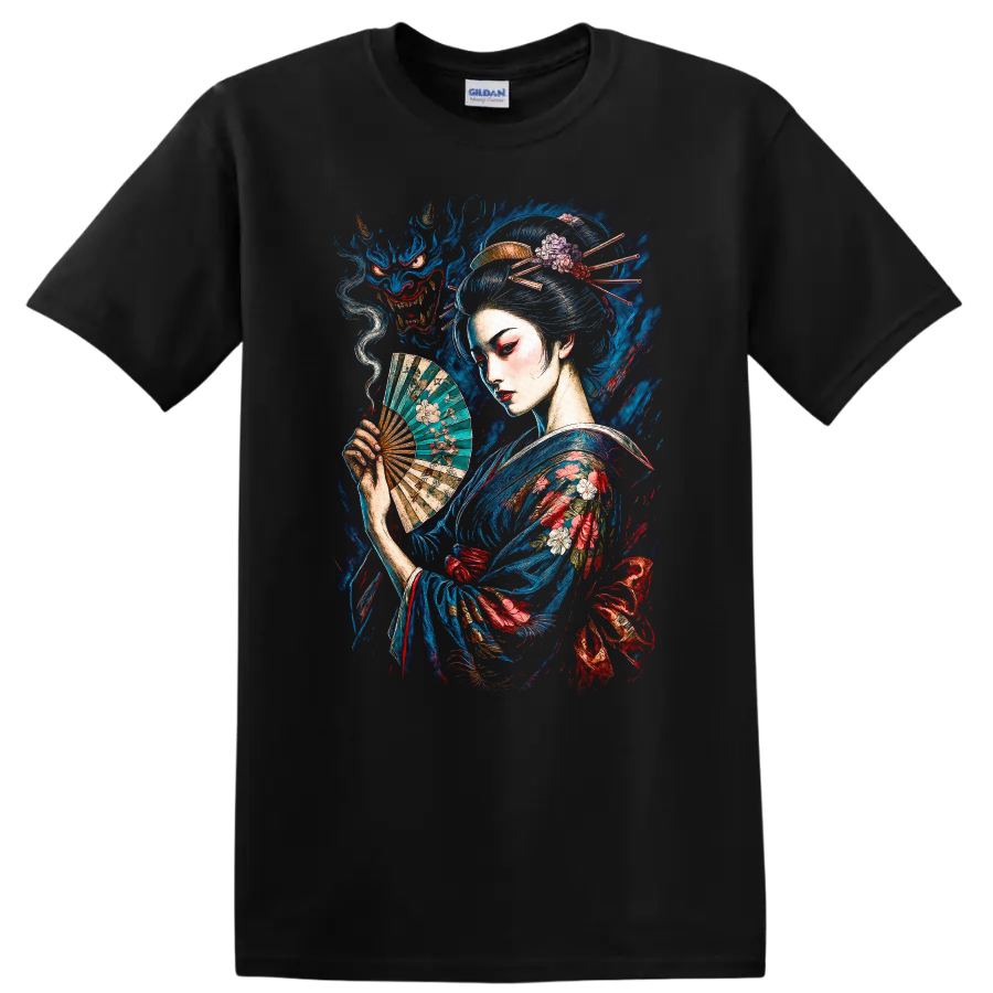 Japanese Geisha with Fan and Dragon Art T Shirt - Black
