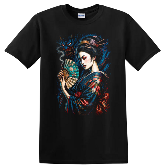 Japanese Geisha with Fan and Dragon Art T Shirt - Black