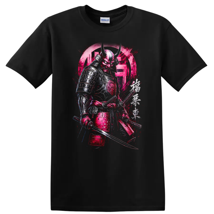 Japanese Style Samurai Oni Warrior T Shirt Bold Neon Pink Armor - Black