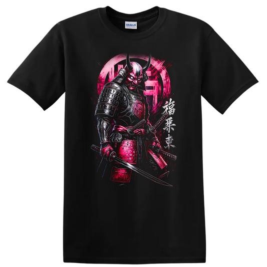 Japanese Style Samurai Oni Warrior T Shirt Bold Neon Pink Armor - Black