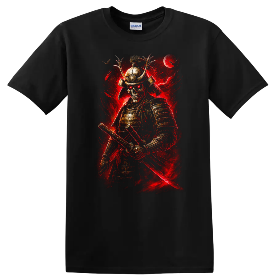 Japanese Samurai Skeleton Warrior T Shirt Red Armor Katana Art - Black
