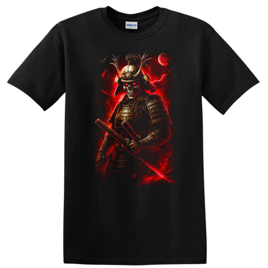 Japanese Samurai Skeleton Warrior T Shirt Red Armor Katana Art - Black