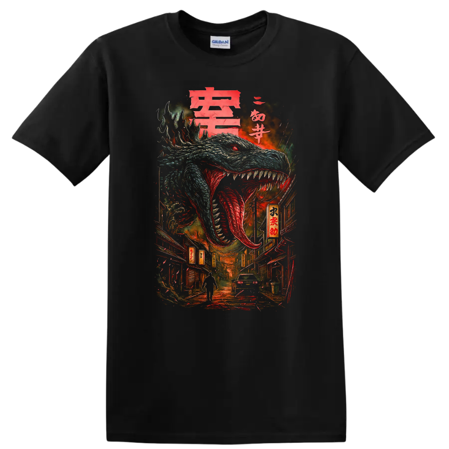 Japanese Style Dragon Monster T Shirt Fierce Anime Street Art Design - Black