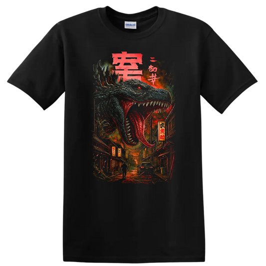 Japanese Style Dragon Monster T Shirt Fierce Anime Street Art Design - Black