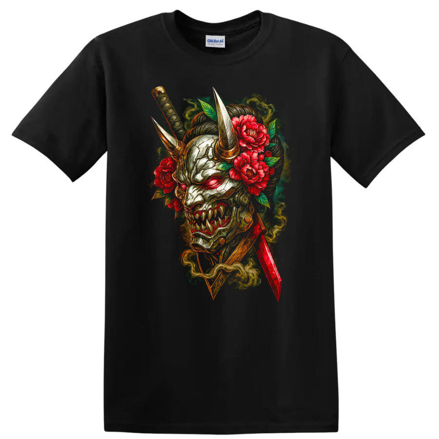 Japanese Oni Demon Mask with Horns and Peonies T Shirt - Black