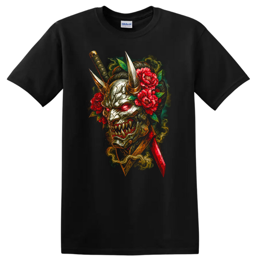 Japanese Oni Demon Mask with Horns and Peonies T Shirt - Black