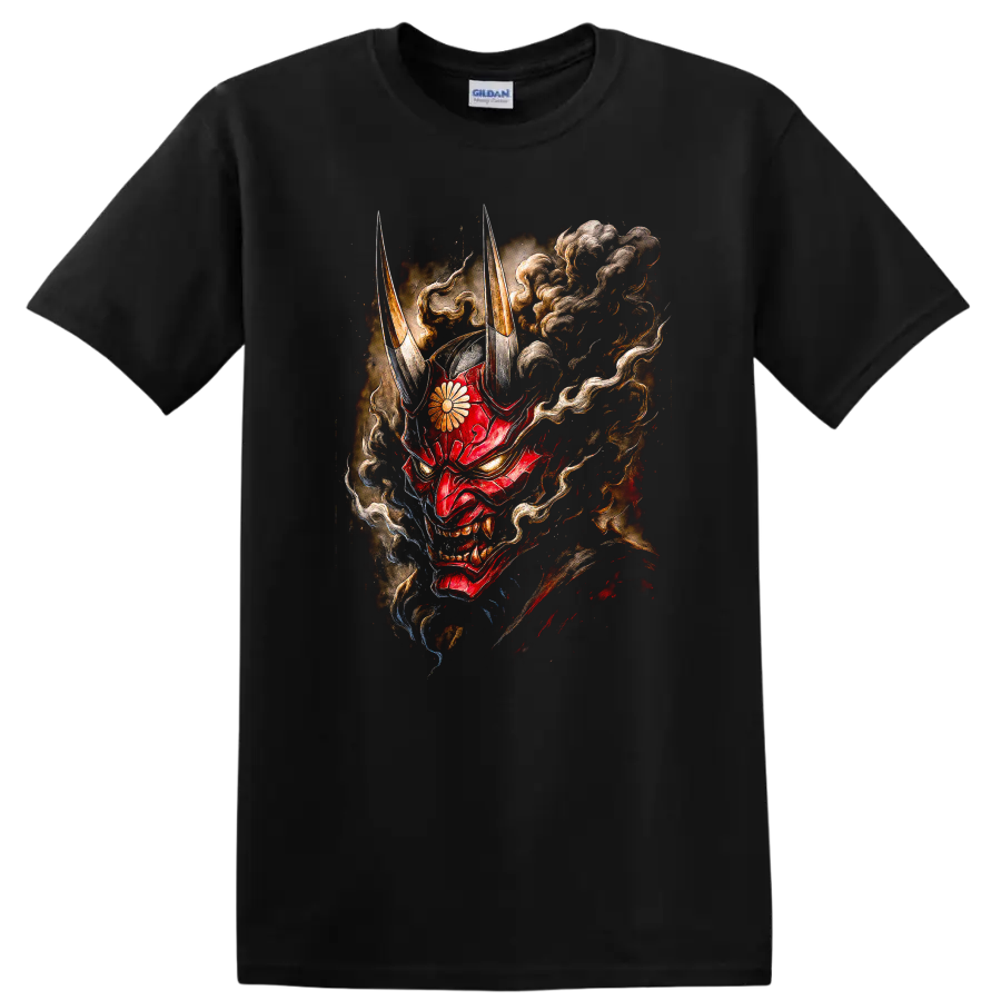 Japanese Oni Mask Red Demon T Shirt with Horns and Smoke - Black