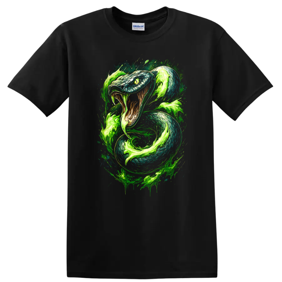 Japanese Style Neon Green Snake Art T Shirt for Bold Streetwear - Black