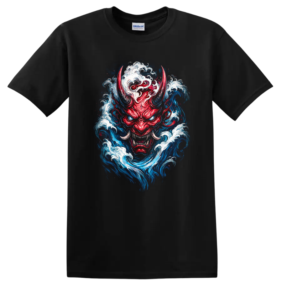 Japanese Oni Demon Mask Wave Art T Shirt For Streetwear Fans - Black