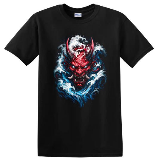 Japanese Oni Demon Mask Wave Art T Shirt For Streetwear Fans - Black