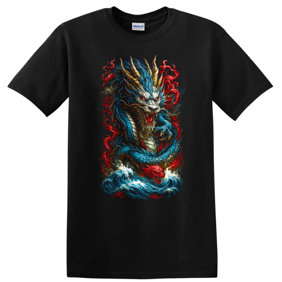 Japanese Dragon Flame Art T Shirt Blue Red Mythical Warrior Design - Black