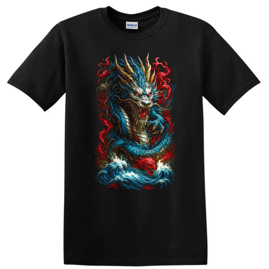Japanese Dragon Flame Art T Shirt Blue Red Mythical Warrior Design - Black