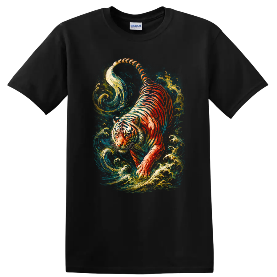 Japanese Style Tiger Art T Shirt Colorful Water Swirl Graphic - Black