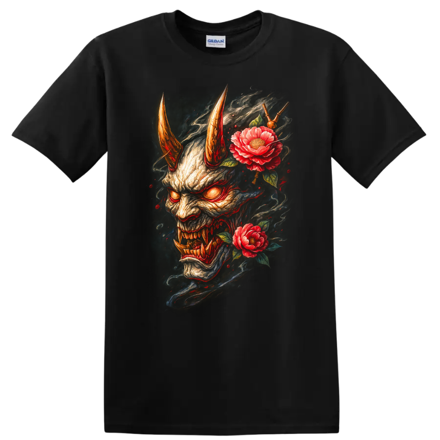 Japanese Oni Demon Mask with Flowers Dark Art T Shirt - Black