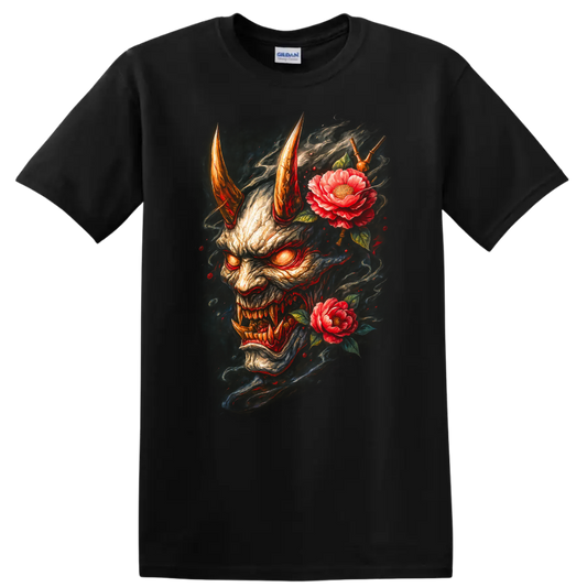 Japanese Oni Demon Mask with Flowers Dark Art T Shirt - Black