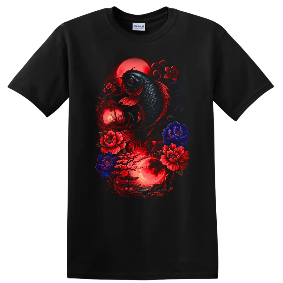 Japanese Koi Fish and Moon Floral Art T Shirt for Zen Aesthetic - Black