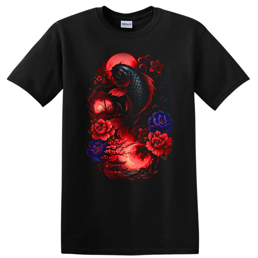 Japanese Koi Fish and Moon Floral Art T Shirt for Zen Aesthetic - Black