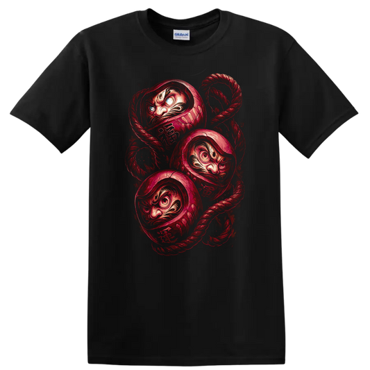 Japanese Daruma Mask Rope Graphic T Shirt for Bold Streetwear Style - Black