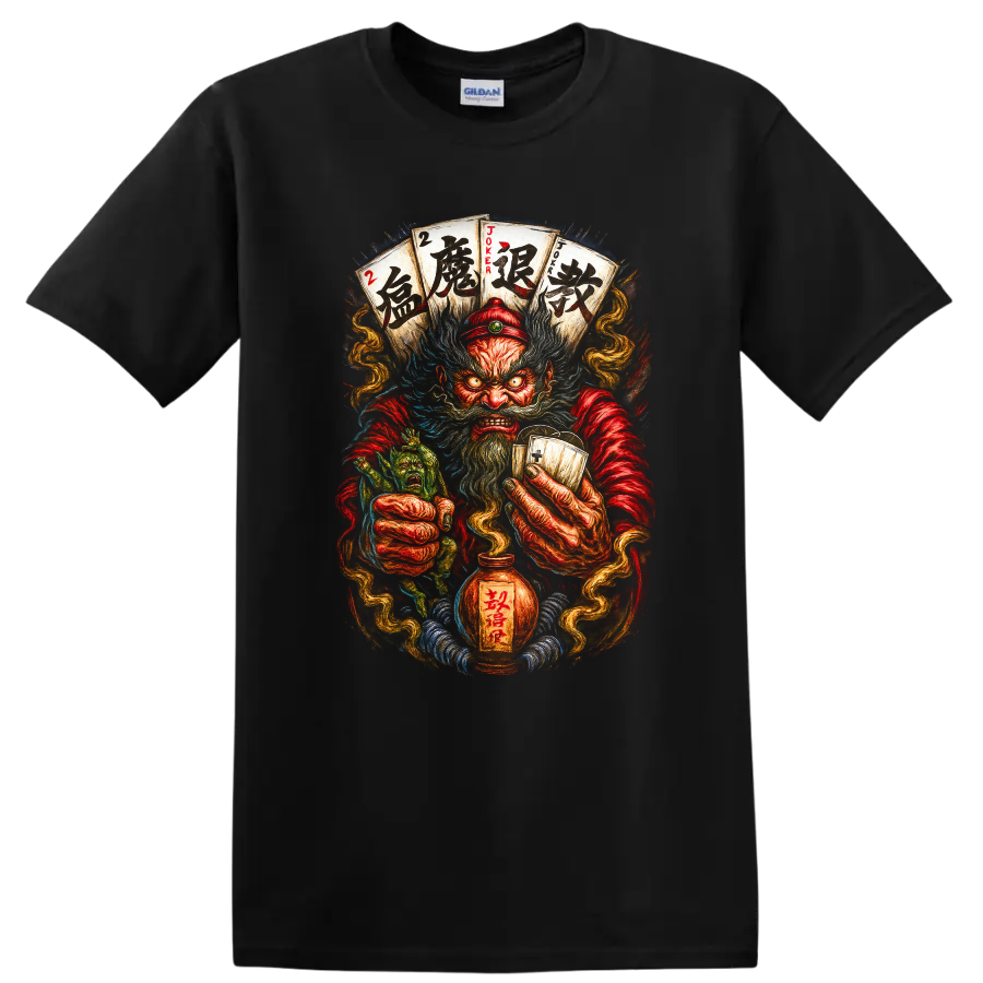 Japanese Oni Joker Card Art T Shirt for Dark Fantasy Streetwear - Black