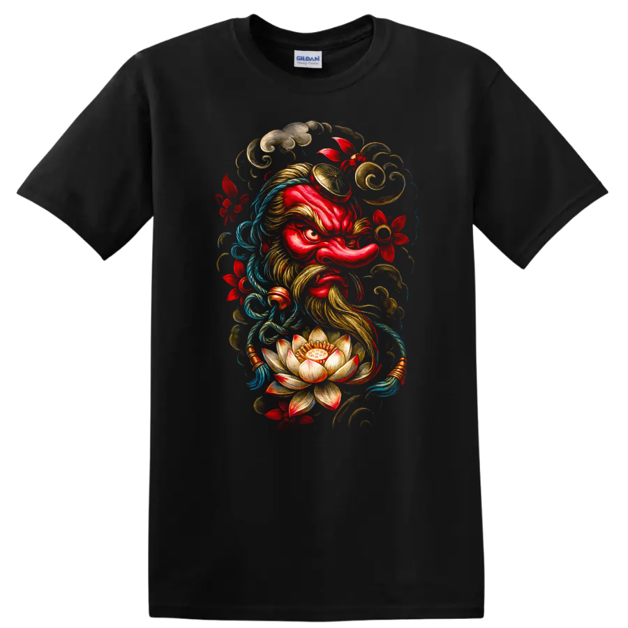 Japanese Oni Samurai Mask Lotus Floral Art T Shirt - Black