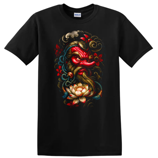 Japanese Oni Samurai Mask Lotus Floral Art T Shirt - Black