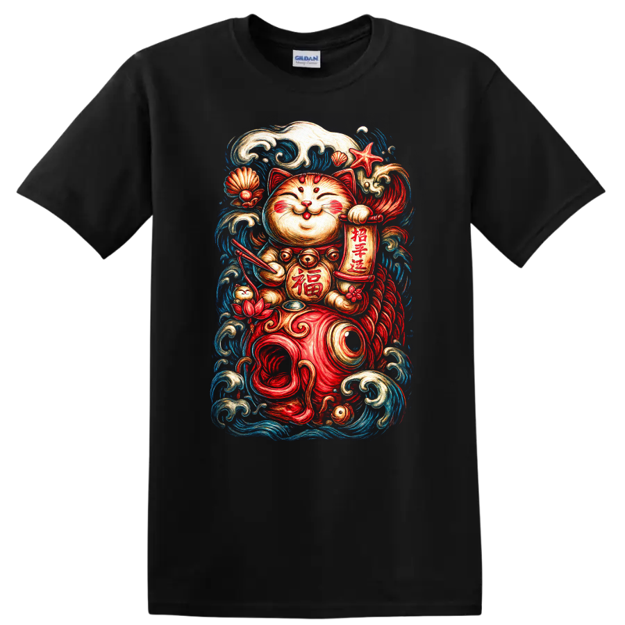 Japanese Lucky Cat Koi Waves Maneki Neko T Shirt - Black