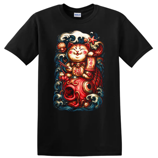 Japanese Lucky Cat Koi Waves Maneki Neko T Shirt - Black