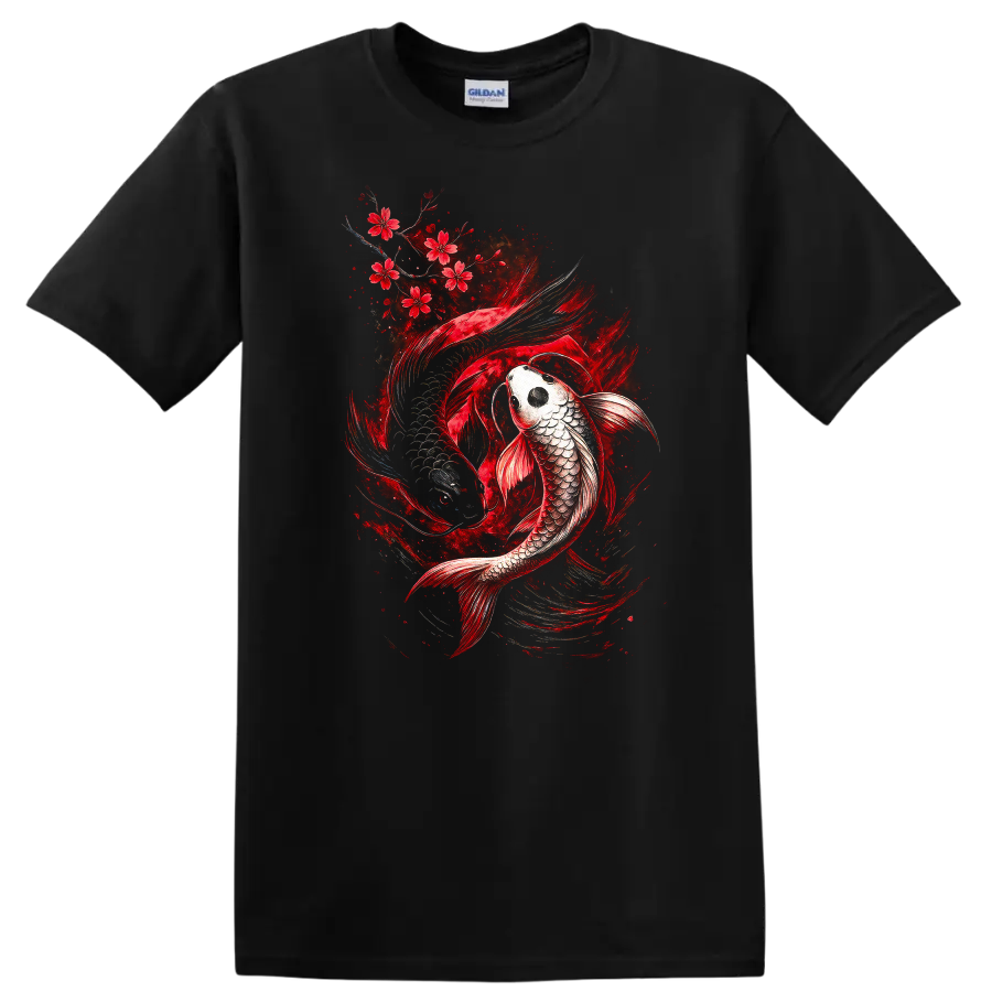 Japanese Koi Fish Red Cherry Blossom Art T Shirt for Men and Women - Black