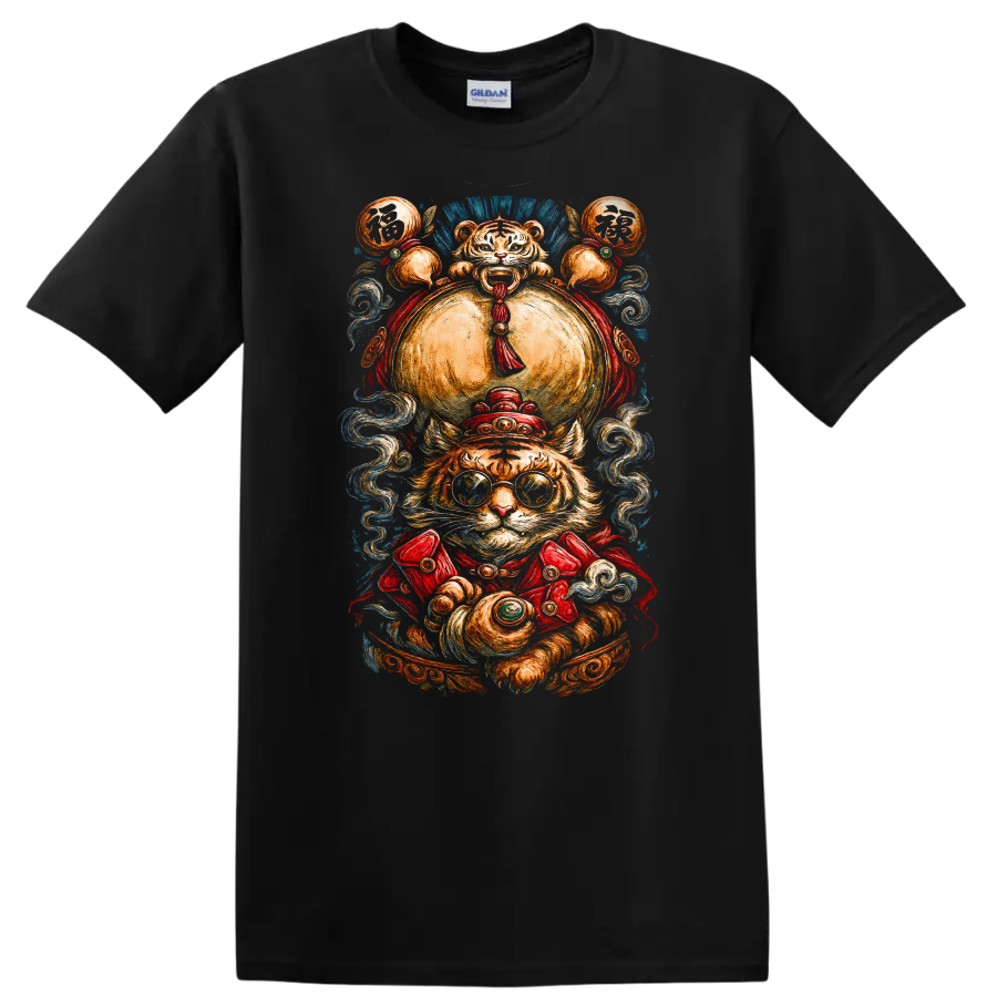 Japanese Style Lucky Tiger T Shirt with Ornate Fox Fire Festival Art - Black