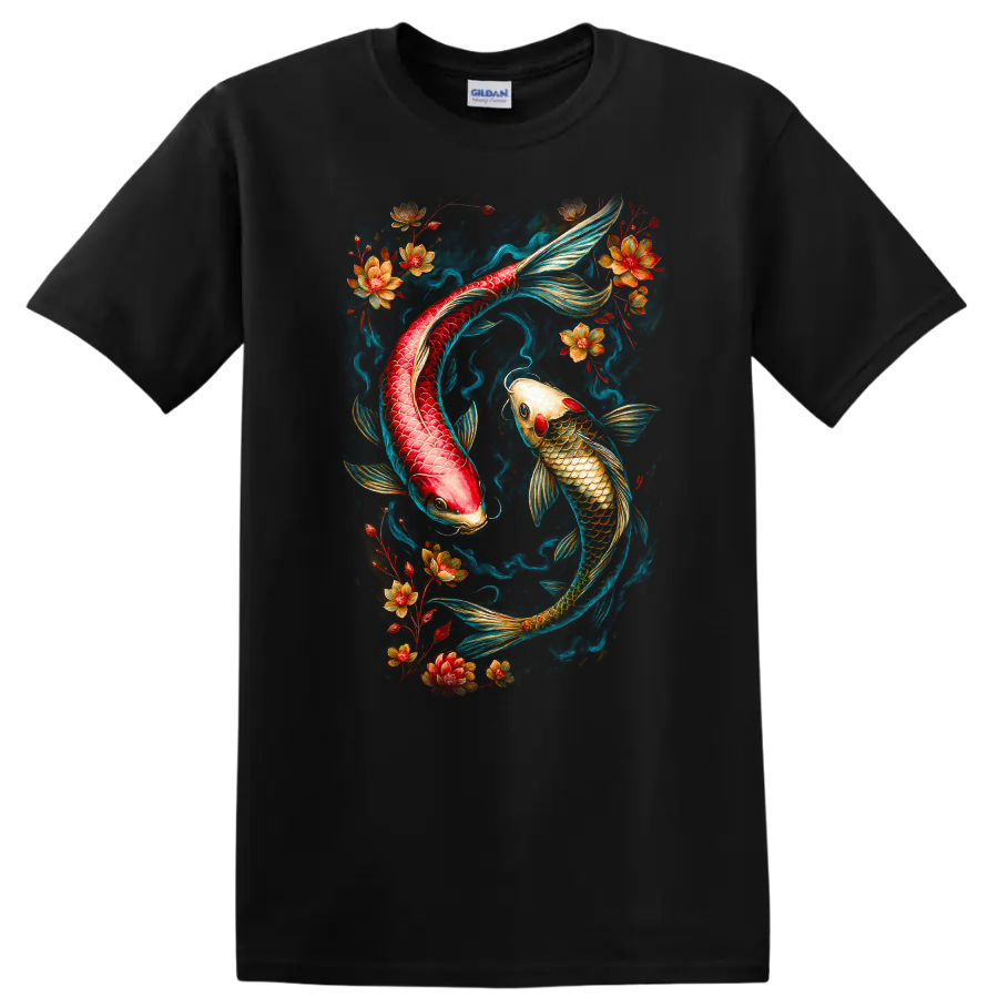 Japanese Style Koi Fish Floral Art T Shirt Vibrant Asian Tattoo Design - Black