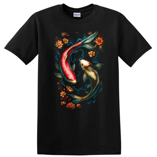 Japanese Style Koi Fish Floral Art T Shirt Vibrant Asian Tattoo Design - Black