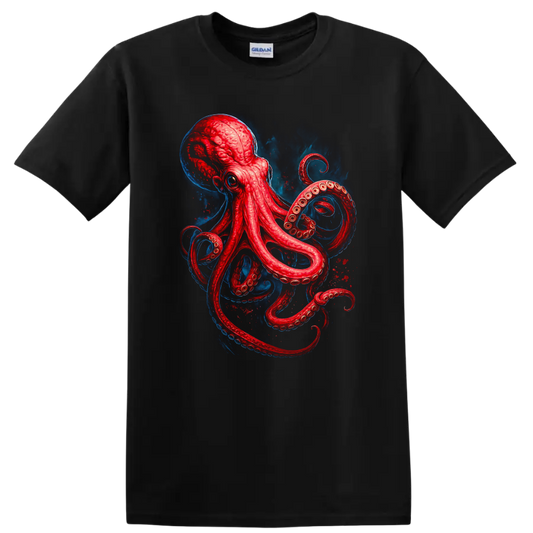 Japanese Style Red Octopus Sea Creature Art T Shirt on a Black T Shirt