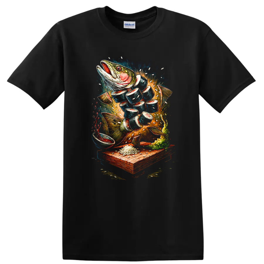 Japanese Style Fish Art T Shirt Vibrant Underwater Catch Design - Black