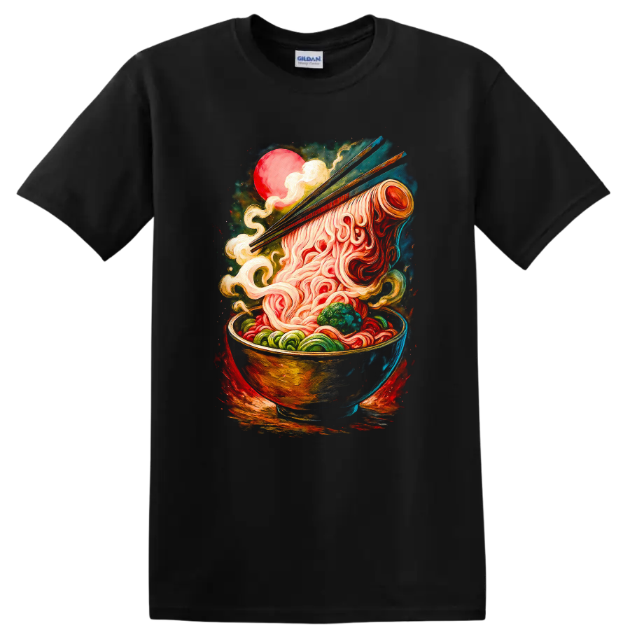 Japanese Ramen Bowl Art T Shirt Vibrant Noodle Chopsticks Design - Black
