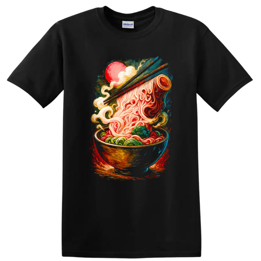 Japanese Ramen Bowl Art T Shirt Vibrant Noodle Chopsticks Design - Black