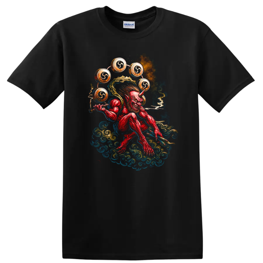 Japanese Oni Demon Drummer T Shirt Watercolor Samurai Style - Black