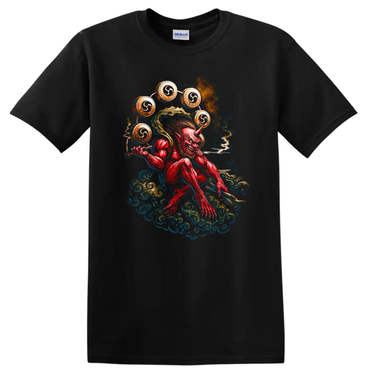 Japanese Oni Demon Drummer T Shirt Watercolor Samurai Style - Black