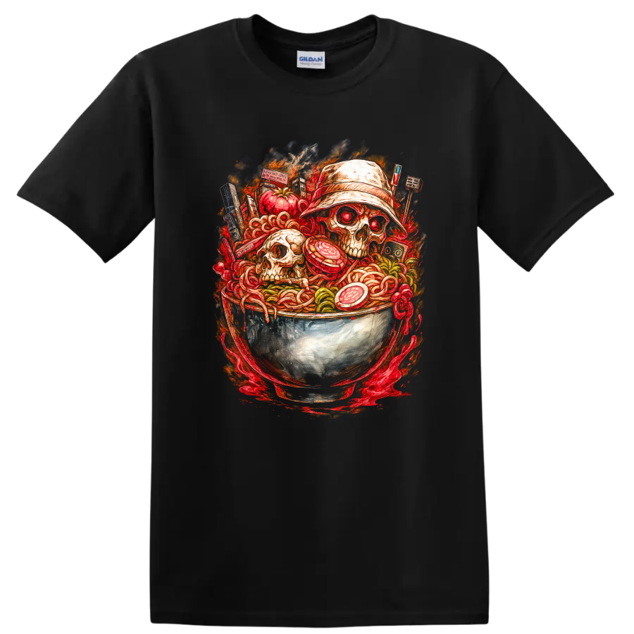 Japanese Style Skull Ramen Bowl Art T Shirt for Streetwear Fans - Black