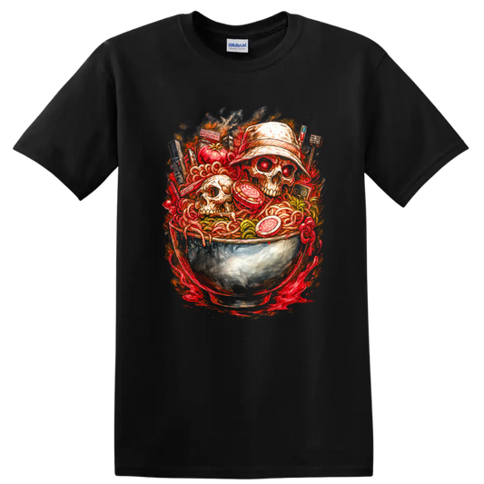 Japanese Style Skull Ramen Bowl Art T Shirt for Streetwear Fans - Black